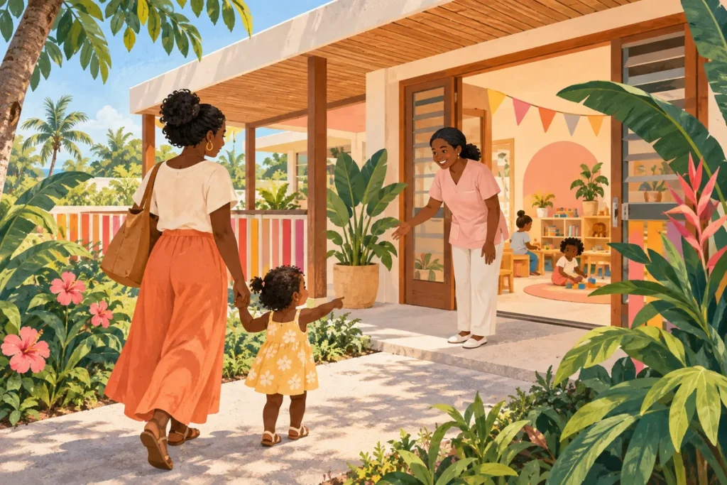 Illustration d’un parent et de son enfant accueillis à l’entrée d’une crèche dans un cadre tropical.