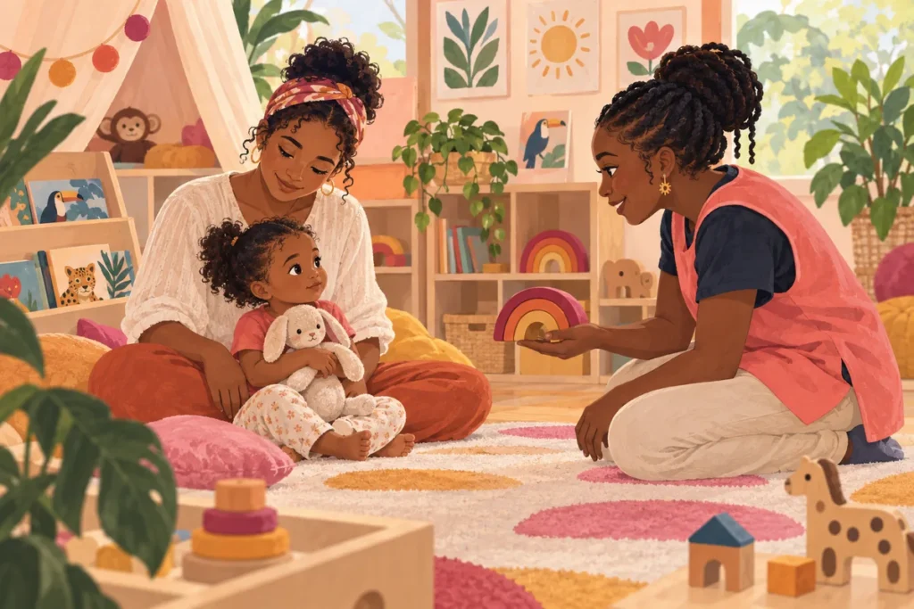 Illustration d’un parent, d’un tout-petit et d’une professionnelle partageant un premier moment de jeu à la crèche.