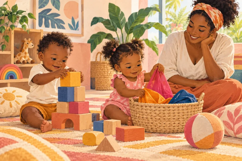 Illustration de deux tout-petits jouant avec de gros cubes et un panier de tissus sous le regard d’un parent.